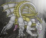  anthro anus balls barbs butt cum detailed_background dragon erection feathers forest grass horn kyorg7 leaking male nude open_mouth outside penis presenting presenting_hindquarters raised_tail river solo tongue tongue_out tree wemd western_dragon white_dragon wings 