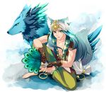  a4nu645s animal_ears aqua_eyes aqua_hair bad_id bad_pixiv_id barefoot egyptian egyptian_clothes fan fox_boy fox_ears fox_tail gold_trim leon_(rune_factory) long_hair rune_factory rune_factory_4 tail 