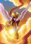  armor conicer equine female feral flying friendship_is_magic hair horn horse mammal multi-colored_hair my_little_pony pony princess_cadance_(mlp) purple_eyes sky solo winged_unicorn wings 