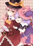 bow brown_eyes dolce_(rune_factory) earrings gloves hat jewelry long_hair multiple_girls one_eye_closed open_mouth pico_(rune_factory) pink_hair purple_hair rune_factory rune_factory_4 smile takuan_(takuan0907) white_gloves 
