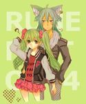  1girl alternate_costume animal_ears aqua_hair bow casual clothes_writing colored_eyelashes couple cropped_legs dark_skin dark_skinned_male ear_piercing egyptian fox_boy fox_ears frey_(rune_factory) green_background green_eyes green_hair hair_bow highres jacket jewelry leon_(rune_factory) letterman_jacket long_hair meipuru1 piercing rune_factory rune_factory_4 simple_background skirt tan twintails unmoving_pattern 