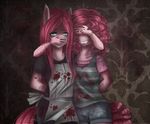 anthro anthrofied apron blood blue_eyes chiakitasso clothing covering_eyes covering_mouth duo equine female friendship_is_magic fur hair horse long_hair mammal my_little_pony pink_fur pink_hair pinkamena_(mlp) pinkie_pie_(mlp) pony shirt shorts smile standing straight_hair tank_top tape teeth vest 