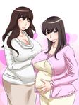  2girls breasts brown_eyes brown_hair cleavage covered_nipples dress erect_nipples eyes_closed female huge_breasts kamomes lips long_hair long_skirt milf mole multiple_girls original pregnant shirt skirt smile standing tetsukui 