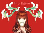  antlers bangs brown_eyes brown_hair christmas copyright_name covering_mouth double_bun fate/extra fate/extra_ccc fate_(series) kishinami_hakuno_(female) lilianess long_hair looking_at_viewer md5_mismatch merry_christmas nail_polish portrait red_background solo typo 