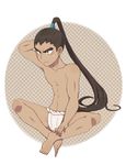  barefoot brown_hair full_body fundoshi inazuma_eleven_(series) inazuma_eleven_go japanese_clothes long_hair male_focus nishiki_ryouma petagon shirtless simple_background sitting solo sweat very_long_hair white_background 