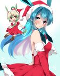  ahoge animal_ears bare_shoulders blue_eyes blue_hair blush brown_eyes chibi christmas elbow_gloves flying gen_4_pokemon glaceon gloves green_hair hat highres lavender_hair leafeon long_hair multicolored_hair multiple_girls open_mouth personification pokemon red_gloves santa_costume santa_hat tail takeshima_(nia) 