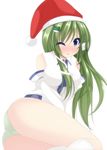  adapted_costume ass bad_id bad_pixiv_id blue_eyes blush breasts chestnut_mouth chimunge detached_sleeves frog_hair_ornament green_hair green_panties hair_ornament hat highres kochiya_sanae large_breasts long_hair long_sleeves looking_at_viewer no_pants one_eye_closed open_mouth panties santa_hat shirt simple_background sitting snake_hair_ornament solo touhou underwear very_long_hair white_background 