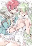  1girl bad_id bad_pixiv_id blush bow breasts couple doug_(rune_factory) dwarf feathers frey_(rune_factory) frown green_eyes green_hair hair_bow hetero long_hair medium_breasts no_bra open_clothes open_shirt pointy_ears red_hair rune_factory rune_factory_4 shirt short_hair silver_eyes sleeveless spc twintails 