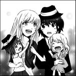  ^_^ blouse closed_eyes enclosed0 fedora greyscale hat if_they_mated long_hair lowres maribel_hearn monochrome multiple_girls short_hair smile touhou usami_renko v 