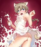  animal_ears ass blue_eyes blush bottle bottomless braid breasts brown_hair fine_art_parody hi-ho- long_hair lynette_bishop medium_breasts milk open_mouth parody shiny shiny_skin single_braid solo strike_witches tail tears twisted_torso world_witches_series 
