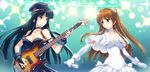  black_hair blue_eyes breasts brown_eyes brown_hair choker cleavage electric_guitar gloves guitar hat highres instrument long_hair medium_breasts microphone multiple_girls music nyan_(themare) ogiso_setsuna playing_instrument touma_kazusa white_album_2 white_gloves 