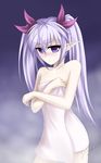  agarest_senki agarest_senki_(series) bare_shoulders blush crossed_arms elf fyuria_(agarest_senki) hair_ribbon highres long_hair long_pointy_ears looking_at_viewer pointy_ears purple_eyes ribbon ricegnat silver_hair solo towel twintails very_long_hair 