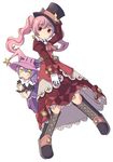  belt boots cross dolce_(rune_factory) dress earrings gloves green_eyes hat jewelry jito long_hair multiple_girls pico_(rune_factory) pink_hair purple_hair red_eyes rune_factory rune_factory_4 top_hat twintails white_gloves 