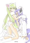  1girl alternate_costume animal_ears ass blue_hair cat_ears cat_girl cat_tail couple diras enomototakeaki fake_animal_ears fake_tail forked_eyebrows frey_(rune_factory) green_eyes green_hair horse_boy horse_ears horse_tail long_hair long_legs pale_color paws robe rune_factory rune_factory_4 tail thick_eyebrows twintails 