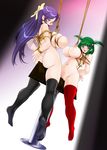  2girls arms_behind_back artist_request ass ball_gag bdsm blush bondage bound breasts collar female gag glasses green_eyes green_hair multiple_girls navel nipples nude open_mouth purple_eyes purple_hair pussy rope shibari slave source_request studio_vanguard suspension thighhighs twintails uncensored wooden_horse 