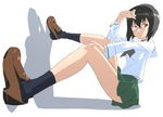  black_hair brown_eyes choker feet_on_wall foreshortening from_side full_body girls_und_panzer green_skirt hair_between_eyes hand_on_own_head hand_on_own_knee highres kawashima_momo kurai_nao legs loafers long_legs long_sleeves looking_back monocle ooarai_school_uniform pleated_skirt school_uniform shadow shirt shoes short_hair simple_background sitting skirt socks solo thighs untucked_shirt white_background 
