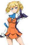  blonde_hair blue_eyes blush blush_stickers breasts cravat dress drill_hair gloves gundam gundam_build_fighters juliet_sleeves long_sleeves nikyu puffy_long_sleeves puffy_sleeves quad_drills short_hair smile solo standing whip yajima_caroline 