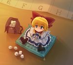  bag blonde_hair blue_eyes boots bow cushion dress from_above hair_bow highres jade_(zbbc) long_hair looking_at_viewer looking_up minigirl shanghai_doll sitting solo sugar_cube touhou 