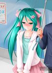  aqua_eyes aqua_hair blush hair_ornament hair_ribbon hairpin hatsune_miku highres hood hoodie long_hair looking_down melt_(vocaloid) rain ribbon ricegnat skirt smile solo_focus twintails umbrella very_long_hair vocaloid 