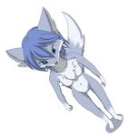  5_toes black_nose blue_hair breasts canine chest_tuft female fox fur hair katoa_shippo mammal nude plain_background short_hair small_breasts solo standing toes tuft white_background 