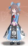  book brown_hair commentary_request detached_sleeves dress glasses hair_tubes hakurei_reimu heterochromia if_they_mated morichika_rinnosuke pleated_dress tabard touhou v_arms yoshio 