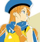  alena_(dq4) bangs blue_eyes breasts cape dragon_quest dragon_quest_iv drill_hair gloves hat kurai_nao lighting long_hair looking_back medium_breasts orange_hair shirt short_sleeves solo two-tone_background yellow_shirt 