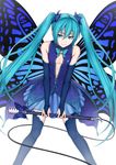  aqua_eyes aqua_hair bad_id bad_pixiv_id blue_wings bridal_gauntlets butterfly_wings hair_ornament hatsune_miku heisei_yutorin highres long_hair looking_at_viewer microphone skirt solo thighhighs twintails very_long_hair vocaloid white_background wings 