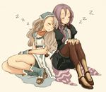  bandana blonde_hair braid clorica_(rune_factory) eno_(8-23) gloves hands_on_own_knees karin_(rune_factory) long_hair multiple_girls necktie pantyhose purple_hair rune_factory rune_factory_3 rune_factory_4 skirt sleeping zzz 