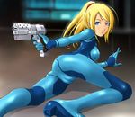  1girl ass blonde_hair blue_eyes bodysuit cameltoe from_behind gun long_hair looking_at_viewer looking_back lying metroid on_side outstretched_arm ponytail samus_aran shuuji_(shumi) skin_tight solo spread_legs weapon zero_suit 