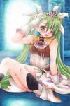  blush cravat frey_(rune_factory) gloves green_eyes green_hair jewelry long_hair open_mouth rune_factory rune_factory_4 shira_(kunseitamago) sitting sleeveless solo tiara twintails wet white_gloves 