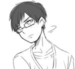  character_request collarbone copyright_request expressionless face glasses greyscale lips looking_at_viewer lowres male_focus monochrome motion_lines petagon shirt simple_background solo t-shirt tsurime turning_head upper_body white_background 