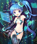  blue_eyes blue_hair bracelet breasts cd cleavage elbow_gloves gloves holographic_interface jewelry long_hair medium_breasts mintchoco_(orange_shabette) moriah_saga navel official_art side_ponytail solo thighhighs very_long_hair 