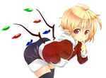  ahoge bad_id bad_pixiv_id black_legwear blonde_hair blush finger_to_mouth flandre_scarlet hair_down hood hoodie long_sleeves looking_at_viewer mantarou_(shiawase_no_aoi_tori) no_hat no_headwear pointy_ears red_eyes short_hair shorts simple_background smile solo thighhighs touhou white_background wings 