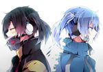  black_hair blue_eyes blue_hair blurry ene_(kagerou_project) enomoto_takane gas_mask headphones kagerou_project long_hair mask poni_(rito) red_eyes tears twintails 