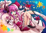  blue_eyes box claws detached_sleeves dress elizabeth_bathory_(fate) elizabeth_bathory_(fate)_(all) fang fate/extra fate/extra_ccc fate_(series) hair_ribbon high_heels horns kangakuraku12 long_hair microphone pink_hair pointy_ears ribbon sack solo tail two_side_up 