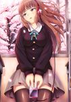  bad_id bad_pixiv_id brown_eyes brown_hair desk headphones long_hair media_player noririn original school_uniform solo thighhighs 