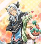  1girl animal_ears blue_hair blush carrot colored_eyelashes couple crossed_arms diras forked_eyebrows frey_(rune_factory) green_hair hetero horse_ears horse_girl horse_tail jewelry long_hair nakamasomo rune_factory rune_factory_4 sleeveless smile tail tan thick_eyebrows tiara twintails yellow_eyes 