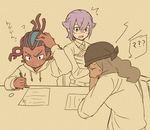  blush brown_hair clenched_teeth closed_eyes inazuma_eleven_(series) inazuma_eleven_go inazuma_eleven_go_galaxy kusaka_ryuuji male_focus manabe_jin'ichirou monochrome multiple_boys petagon purple_hair spot_color teeth tetsukado_shin 