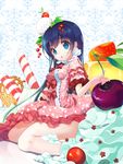  :o blue_eyes blue_hair bow cherry cream dress food frills fruit in_food minigirl mintchoco_(orange_shabette) moriah_saga official_art parfait sitting solo strawberry wariza 