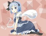  alternate_costume alternate_hair_color arched_back arm_support black_hairband blue_eyes blue_hair blush_stickers clenched_hand dress frilled_dress frills giren hairband kneehighs kneeling konpaku_youmu konpaku_youmu_(ghost) lolita_fashion lolita_hairband looking_at_viewer multicolored multicolored_background no_shoes open_mouth short_hair short_sleeves solo toe_socks touhou 