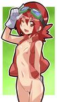  adjusting_goggles breasts brown_eyes cosplay digimon digimon_xros_wars gloves goggles goggles_on_head highres hinomoto_akari kudou_taiki kudou_taiki_(cosplay) nipples one_eye_closed pussy red_hair shikapu small_breasts smile solo twintails vest 