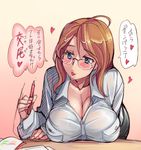  ahoge american_oppai-san blue_eyes breasts brown_hair cleavage glasses heart huge_breasts lips long_hair original parted_lips solo translation_request tsuda_nanafushi 