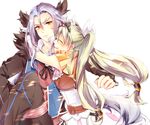  1girl animal_ears blue_hair closed_eyes couple diras forked_eyebrows frey_(rune_factory) gloves green_hair hetero horse_boy horse_ears horse_tail hug jewelry komoro long_hair rune_factory rune_factory_4 scar simple_background sleeveless smile tail thick_eyebrows tiara twintails white_background white_gloves yellow_eyes 