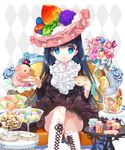  black_hair blue_eyes boots candy candy_jar chair cup food food_themed_clothes hat jar knee_boots long_hair mintchoco_(orange_shabette) moriah_saga official_art pig plate skirt solo table teacup top_hat 