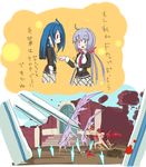  2girls blue_hair breast_envy comic commentary_request destruction kazanari_genjuurou kazanari_tsubasa long_hair lydian_academy_uniform multiple_girls nude school_uniform senki_zesshou_symphogear silver_hair translated vixen_(vix2) yukine_chris 