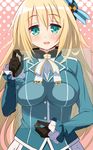  9law against_glass atago_(kantai_collection) black_gloves blonde_hair blush breasts gloves green_eyes hat highres kantai_collection large_breasts long_hair looking_at_viewer military military_uniform open_mouth smile solo uniform 