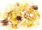  blonde_hair bouquet closed_eyes corset cup detached_sleeves drill_hair field fingerless_gloves flower flower_field gloves hat hat_removed headwear_removed lying mahou_shoujo_madoka_magica sencha_(coldcolor) skirt solo teacup tomoe_mami 