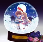  amae_koromo blonde_hair blue_eyes blush brown_hair chibi kawara_yun kiyosumi_school_uniform miyanaga_saki moon multiple_girls red_eyes saki school_uniform serafuku short_hair skirt snow_globe 