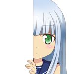  aoki_hagane_no_arpeggio blush detached_sleeves embarrassed eyebrows_visible_through_hair frown green_eyes hiding iona long_hair looking_at_viewer nagineko peeking_out personification silver_hair solo transparent_background 