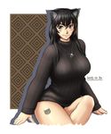  animal_ears black_hair black_panties blush borrowed_character breasts cat_ears dated jewelry large_breasts long_hair necklace no_pants nukonabe_(koppe_pan) original panties ribbed_sweater sitting smile solo sweater taikyokuturugi underwear 